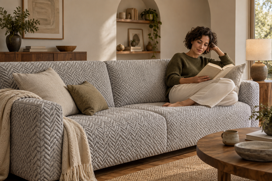 A relaxed reading moment on a light grey covered sofa