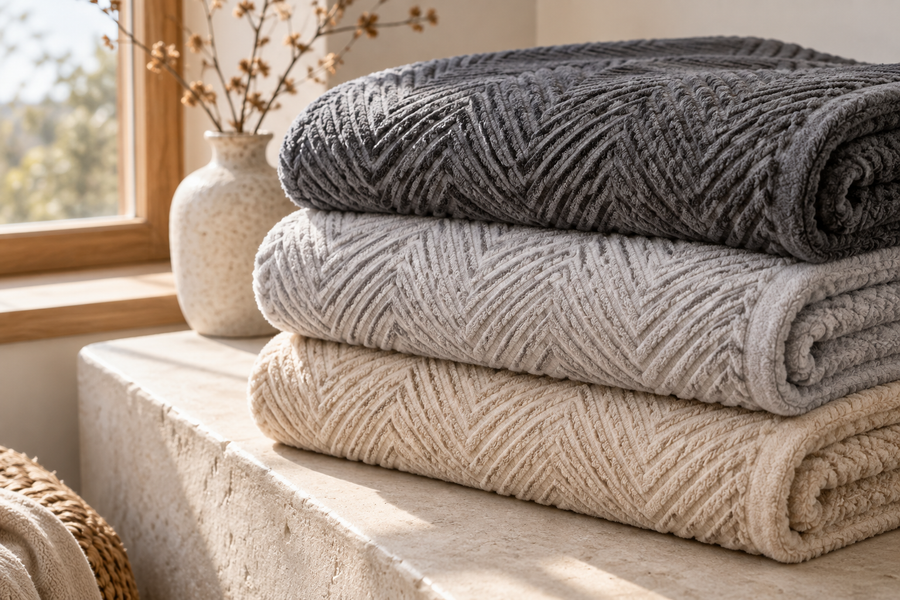 Folded plush herringbone covers in charcoal, grey and beige
