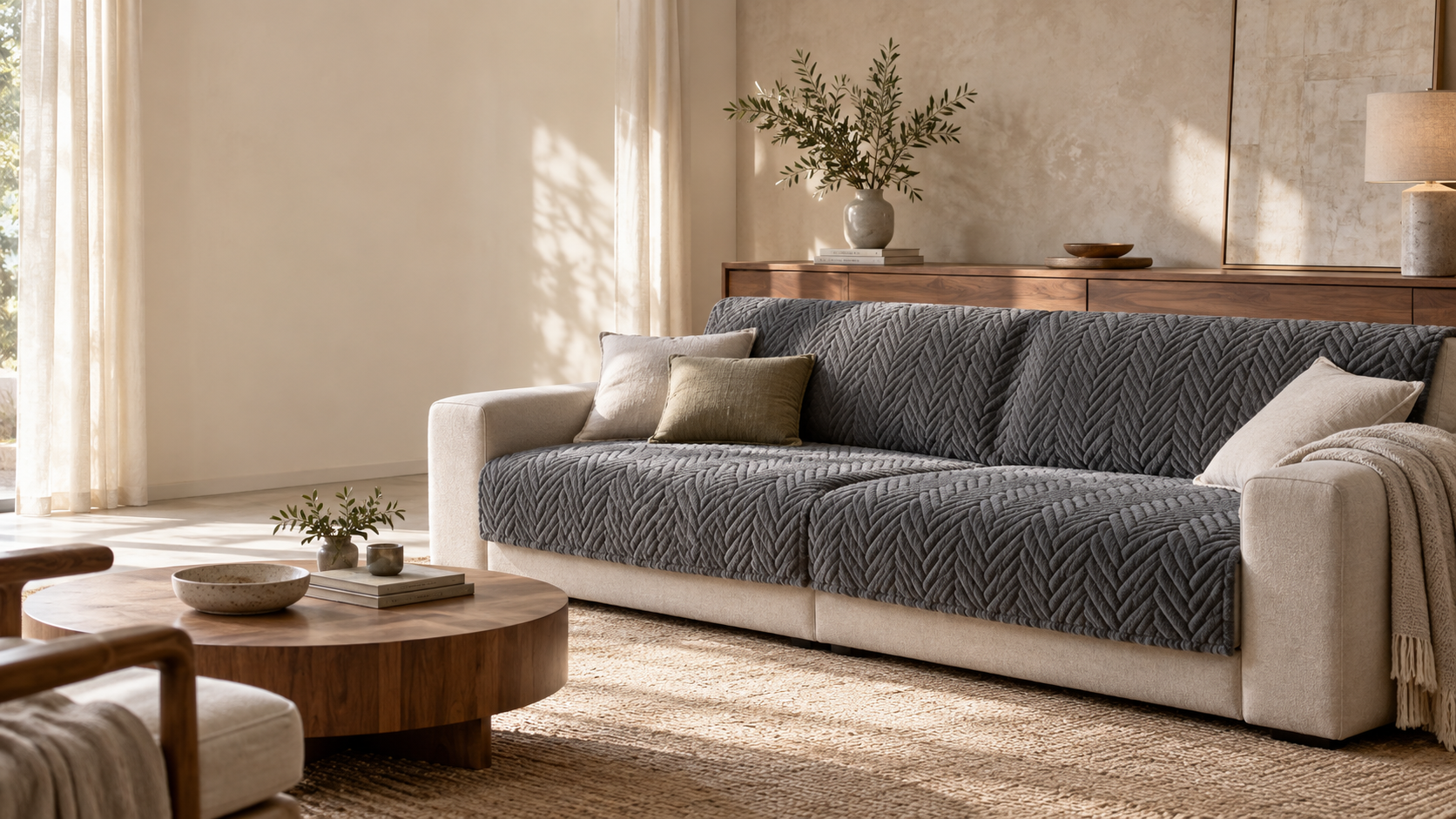 Charcoal herringbone sofa cover in a warm, sunlit living room