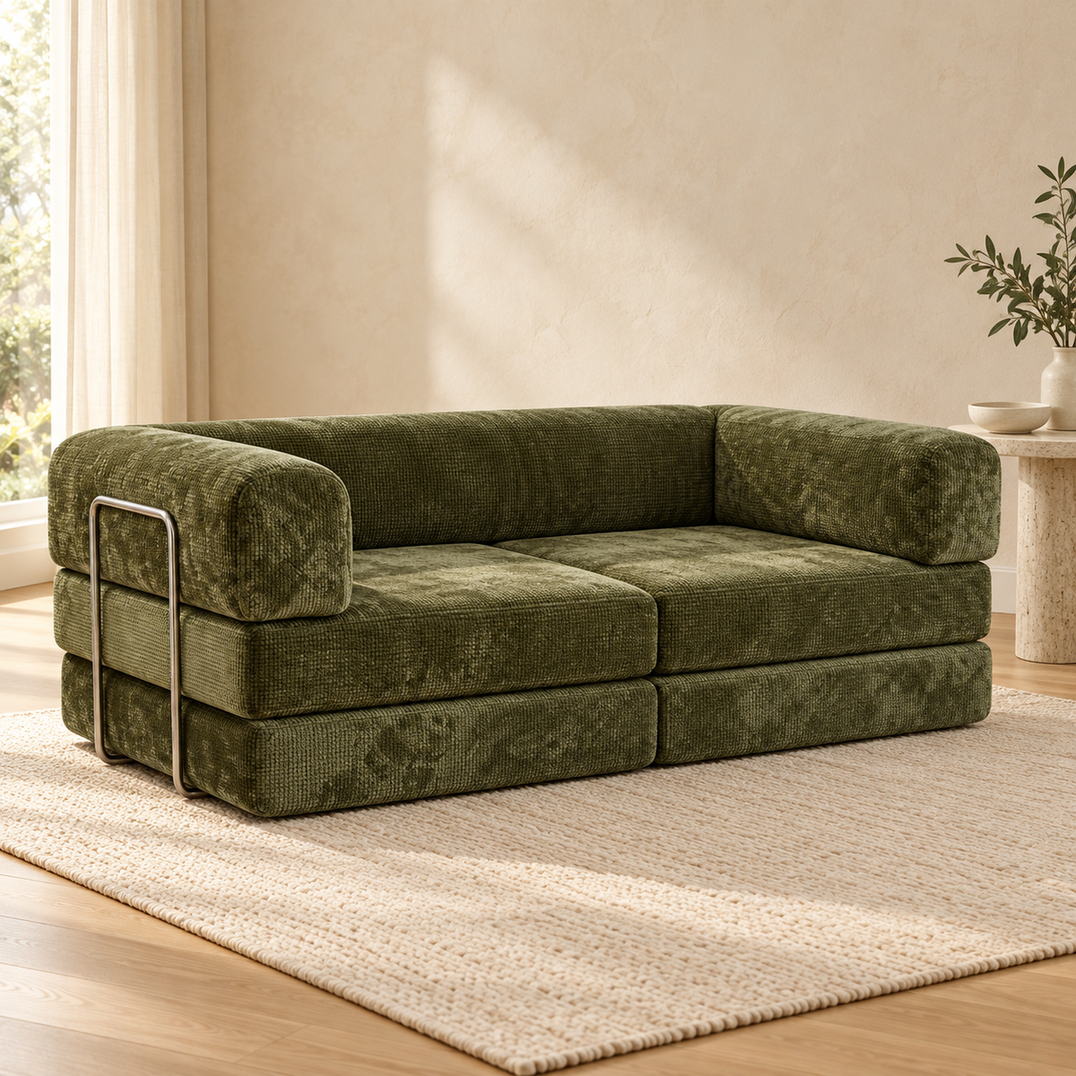 Olive Green Foldaway sofa with rounded bolsters and metal side supports in a neutral living room