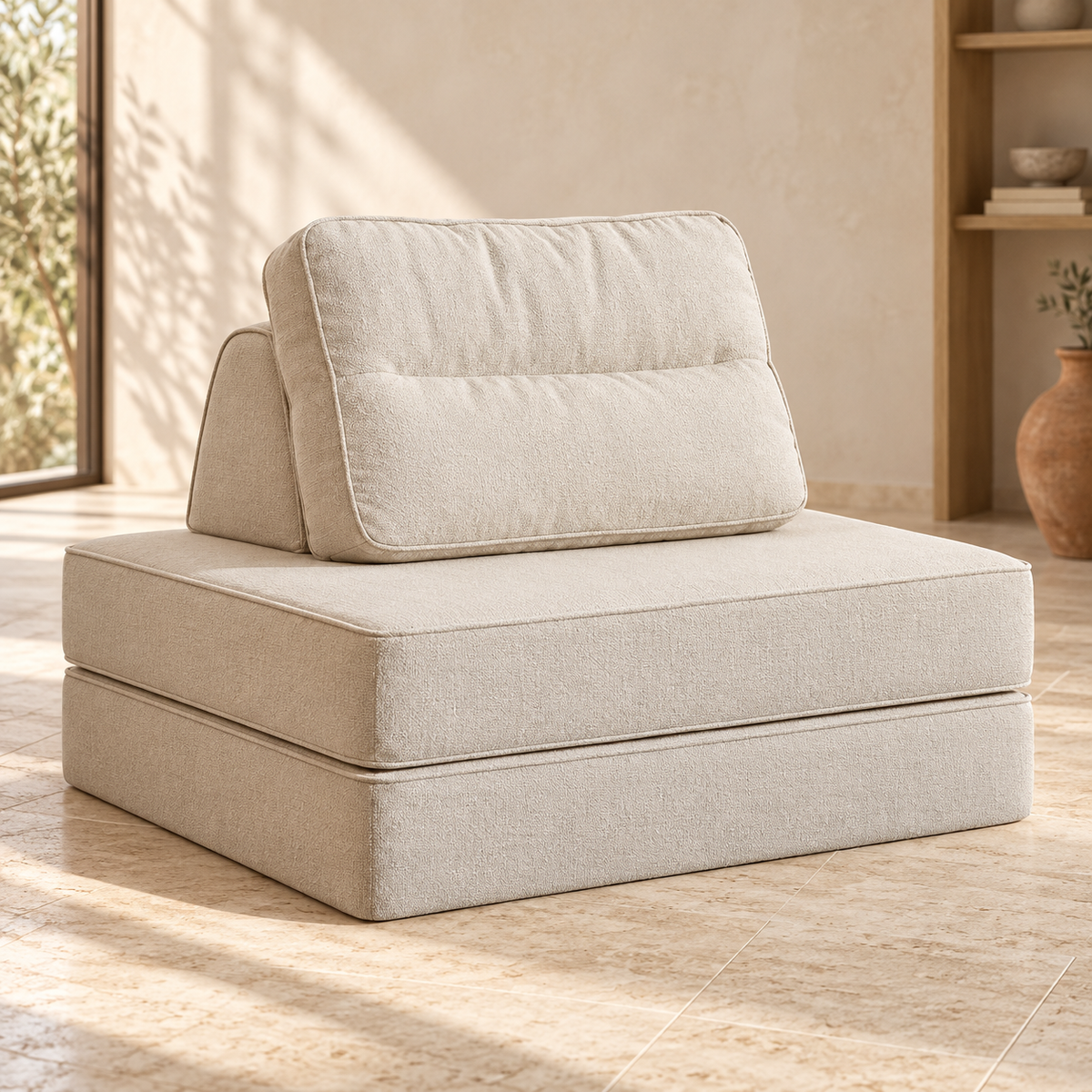 One Ivory White Forma sofa module with a square layered base and wedge-shaped backrest in a sunlit room