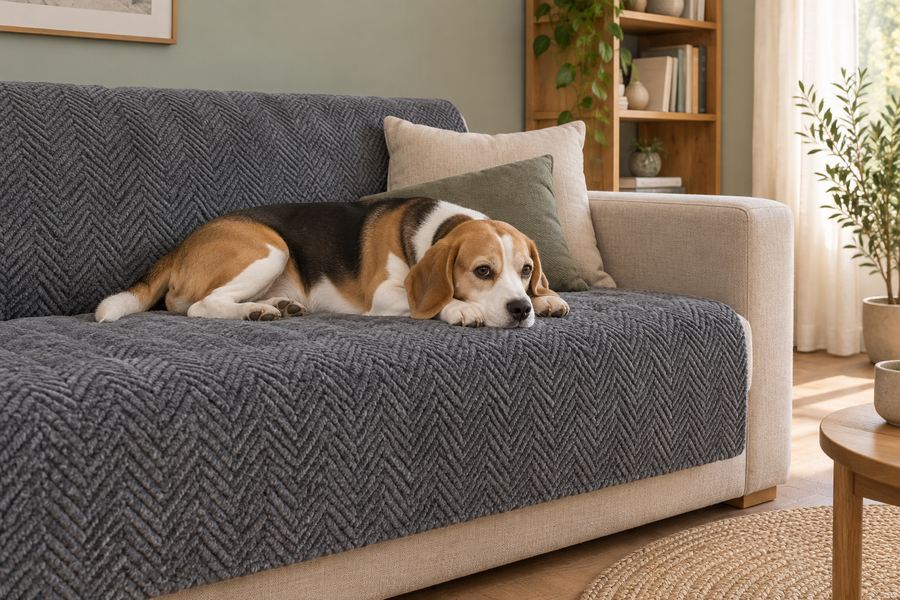 Beagle resting on a charcoal sofa cover
