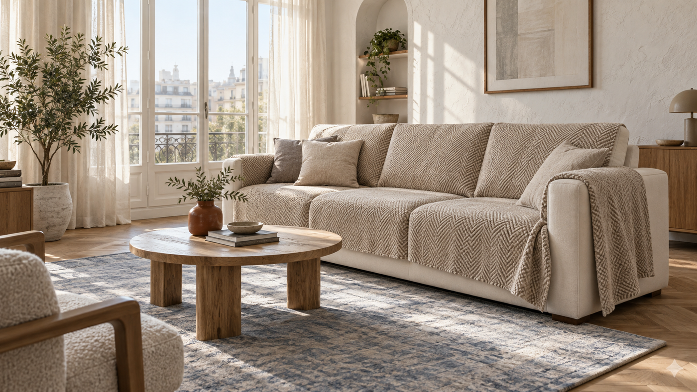 Airy living room with a beige sofa cover, oak table and tall windows
